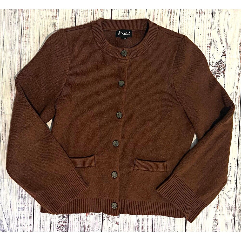 Marled Chocolate Brown Button Front Knit Cardigan Sweater Jacket Pockets Size M